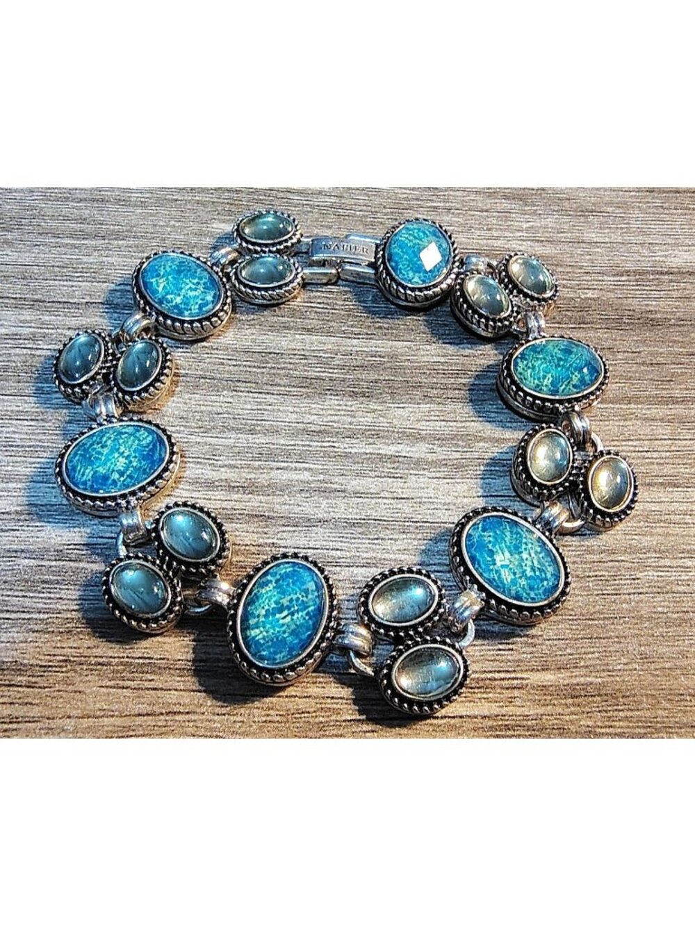 Vtg Napier Turquoise Blue Green Faux Cabochon Stone Bracelet Size 7 Statement